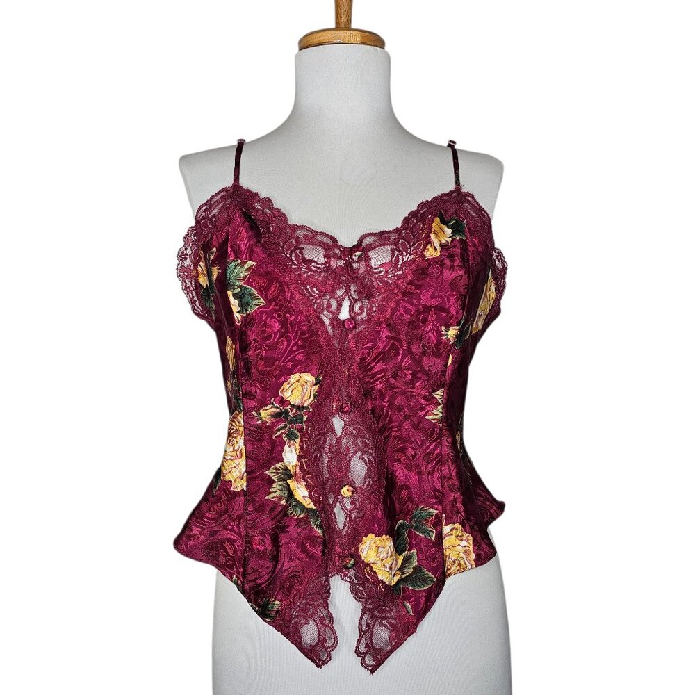 Vintage Delicates Floral Satin Lace Cami Top Burgundy 90s Y2K Coquette Size M
